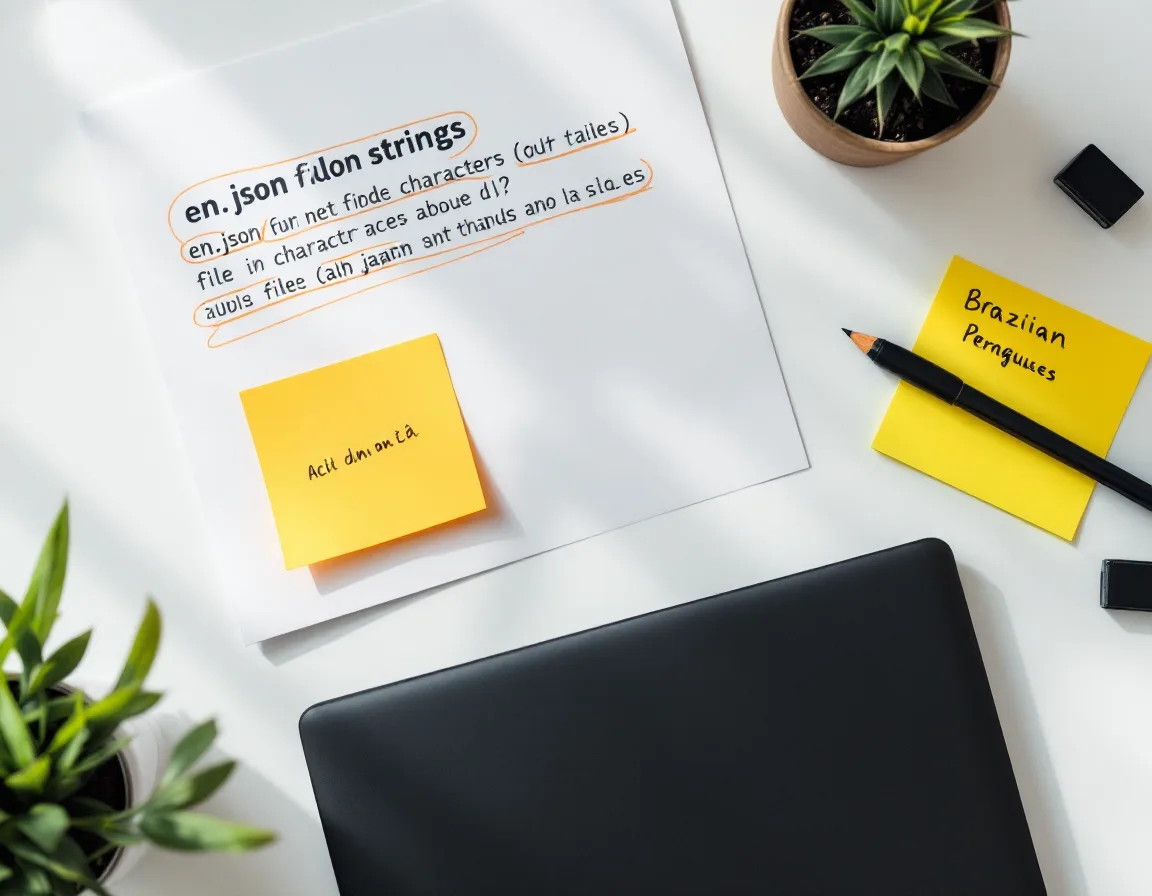 Printed strings file with character counts circled in orange and yellow sticky notes in Japanese and Portuguese on a white desk